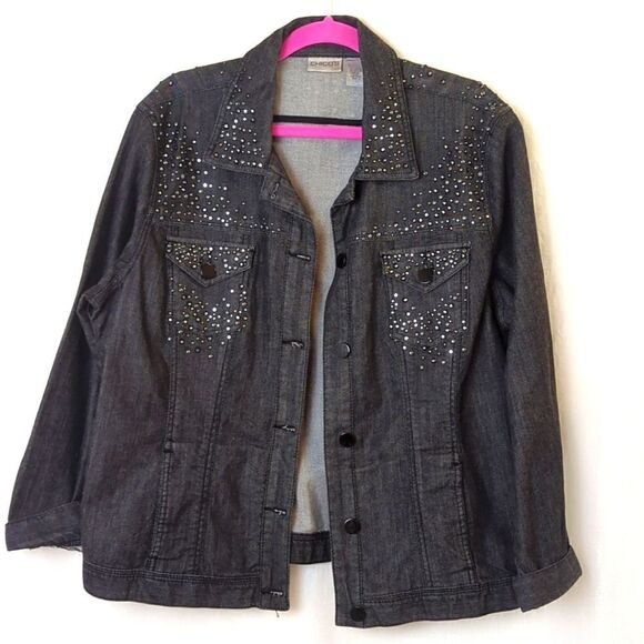 Chico's Black Denim Jacket with Rhinestones and Studs Size 3 - Picture 1 of 8